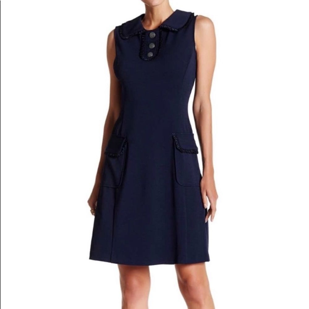 Nanette Lepore Blue Stretch Knit Ruffle Trim Dress